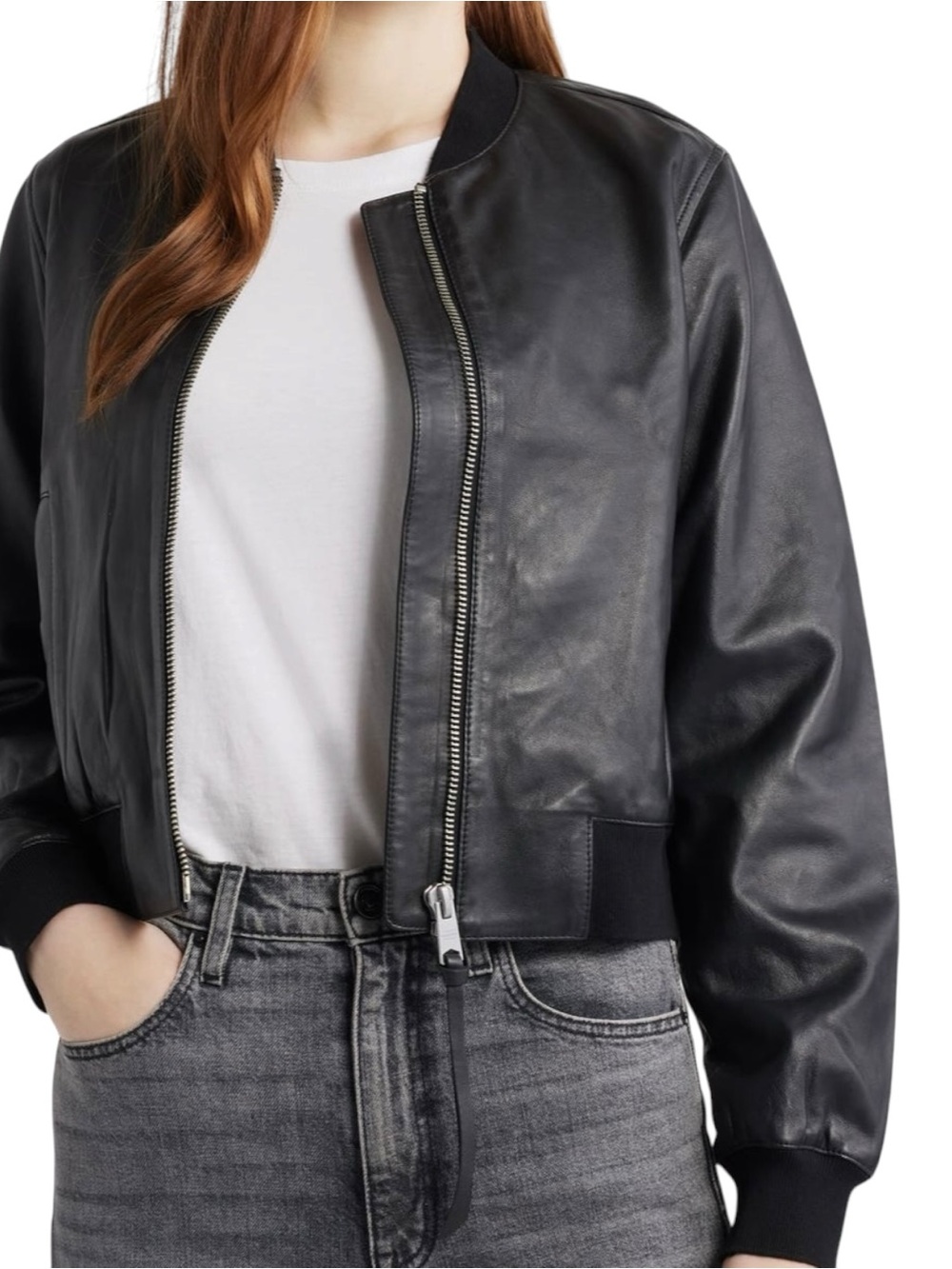 ALLSAINTS Orten Women's Black Leather Bomber Jacket - Classic Zip Front US 6
